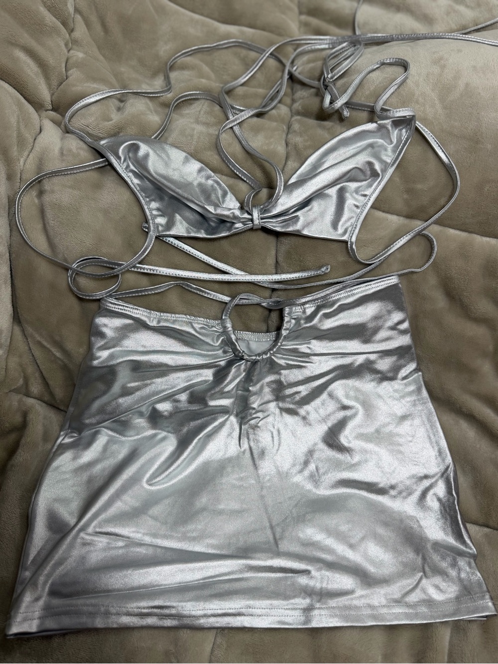 SHEIN Silver Metallic Strappy Bralette & Mini Skirt Set